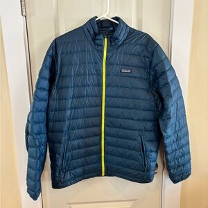 Patagonia Men's Navy Puffer Jacket with Yellow Accents